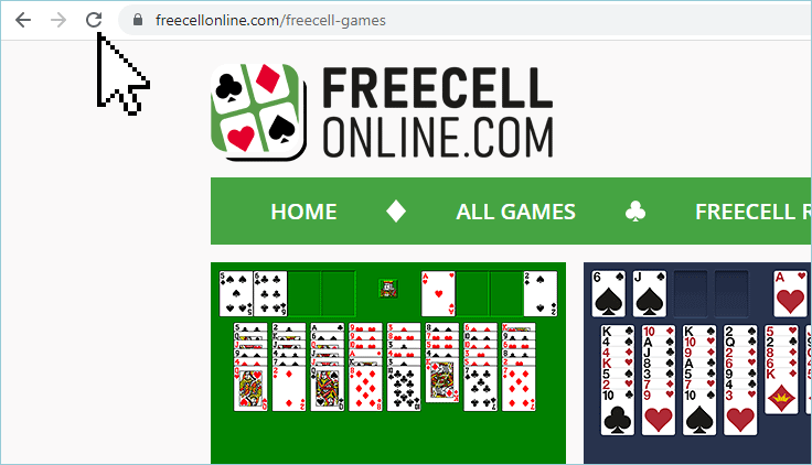 Screenshot of FreecellOnline.com showing the location of the browser's refresh button