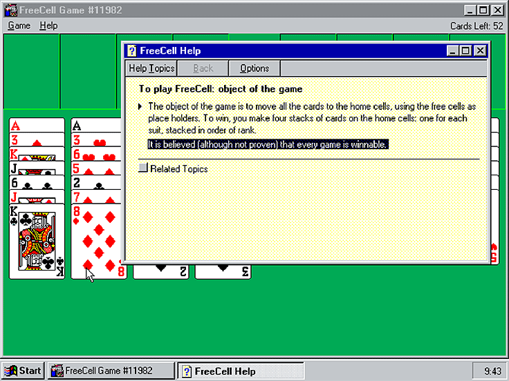 Freecell on Windows 95 with the help file shown
