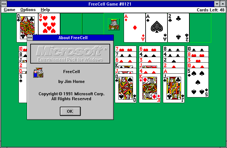 Jim Horne's 1991 Freecell version for the Microsoft Entertainment Pack 2, with the about screen shown