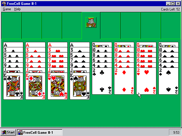 Freecell on Windows 95 with the unsolvable game number -1